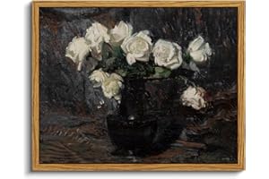 VIYYIEA Framed Canvas Wall Art Home Decor Vintage Botanical Print White Roses in Vase Rustic Farmhouse Flower Wall Decor Mid Century Pictures Decor Art Prints Floral Room Decor for Living Room 8x10in