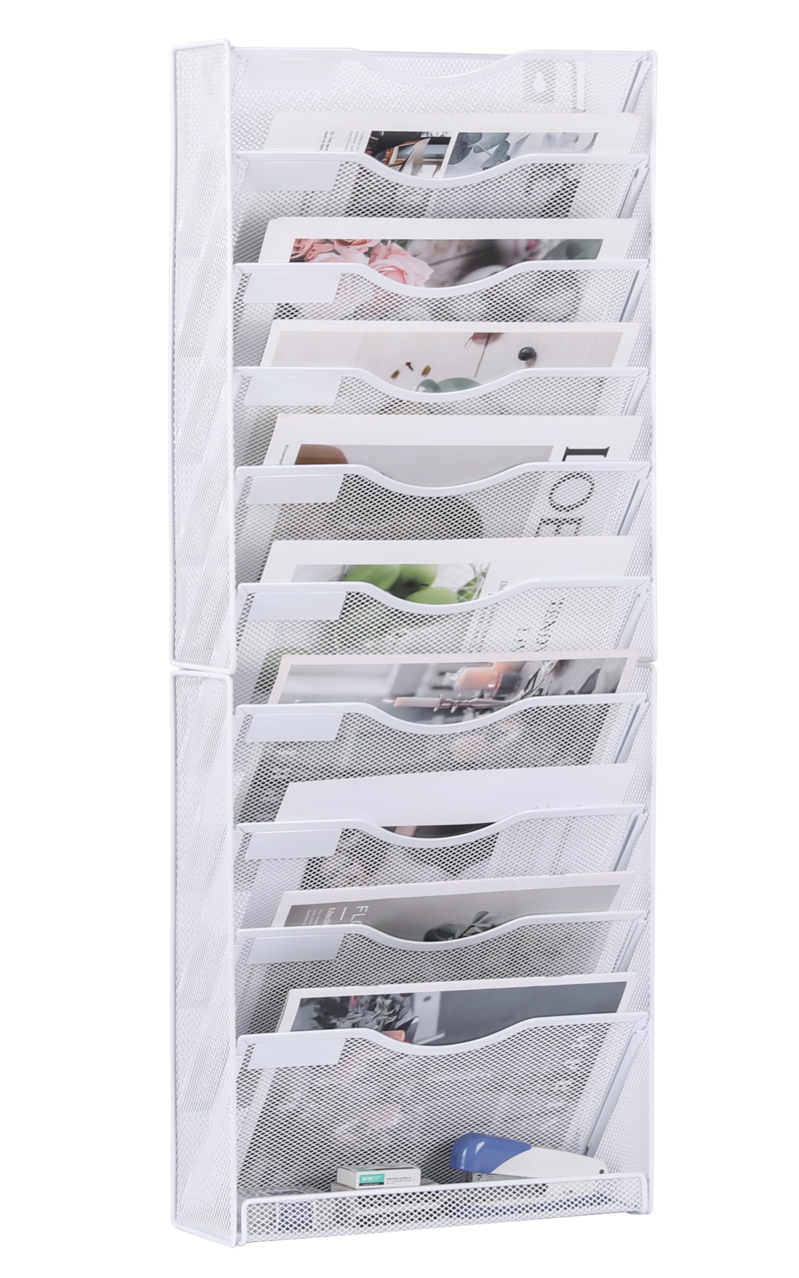 TQVAI Metal 10 Tier Wall File Holder Mesh Wall Mounted Magazine Rack Desk Stationary Tidy Organiser in Tray for Office School Accessories, White