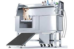 TMGSK 46" Professional Stainless Steel Dog Washing Station, Pet Grooming Bathtub with Ramp and Movable Storage Cabinet, Height Adjustable Dog Bathtub for Medium, Small Dogs.