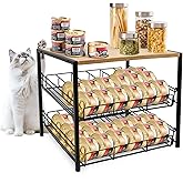 PWSOMJ Bamboo & Iron Cat Food Organizer for Pantry, 2-Tier Can Stackable Storage Rack Holds 48 (3oz) Cans, Flat Top for Extra