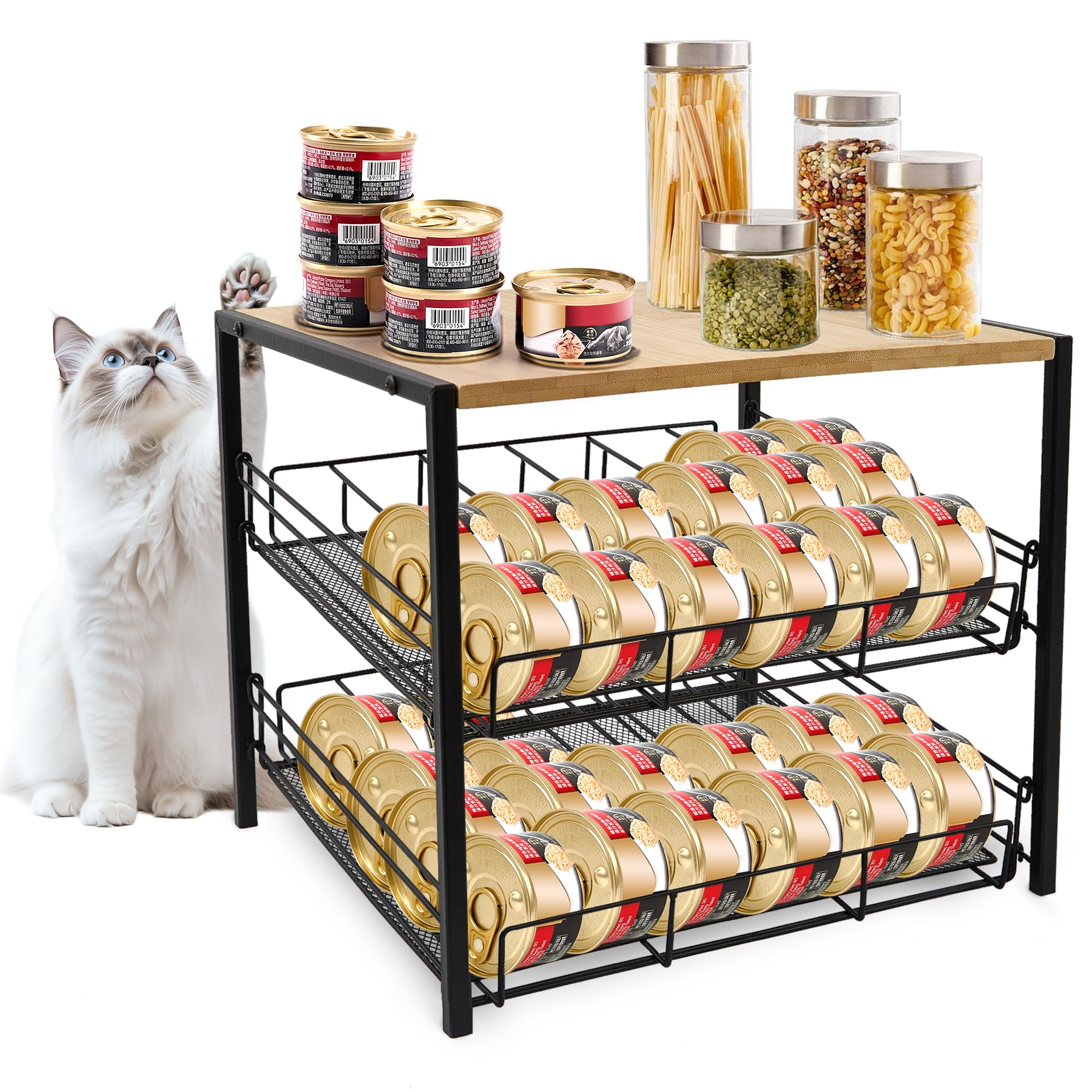 Photo 1 of PWSOMJ Bamboo & Iron Cat Food Organizer for Pantry, 2-Tier Can Stackable Storage Rack Holds 48 (3oz) Cans, Flat Top for Extra Storage, Automatic Slide-Down Perfect for Pet Food Cans