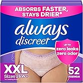 Always Discreet Adult Incontinence Underwear for Women and Postpartum Underwear, XXL, Up to 100% Bladder Leak Protection, 52 Count (4 Packs of 13)
