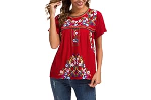 YZXDORWJ Women's Embroidered Mexican Peasant Blouse Mexico Summer Shirt Short Sleeve