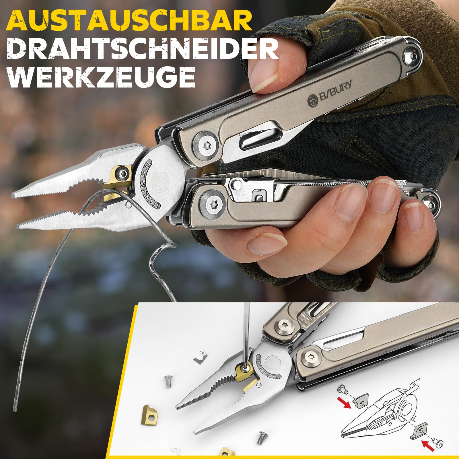 BIBURY Multitool Titan & Damast Messer - Multifunktionswerkzeug mit Zange, Schere, austauschbarer Säge & Bits - Profi EDC Taschenmesser Geschenke für Männer, Reparieren, Camping Zubehör BI2049TI 7