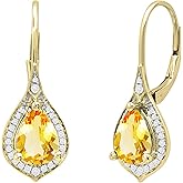 Dazzlingrock Collection 8X6mm Pear Gemstones & Round White Natural Diamond Women Halo Teardrop Dangling Drop Earrings, in Real Solid Gold