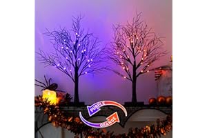 2 Pack Halloween Tree, Vanthylit Black Tree with Orange Purple Bi-Color Led Lights 6 Functions, USB & Battery Operated Lighted Willow Branch for Indoor Halloween Decorations (22 inch,24 LED)