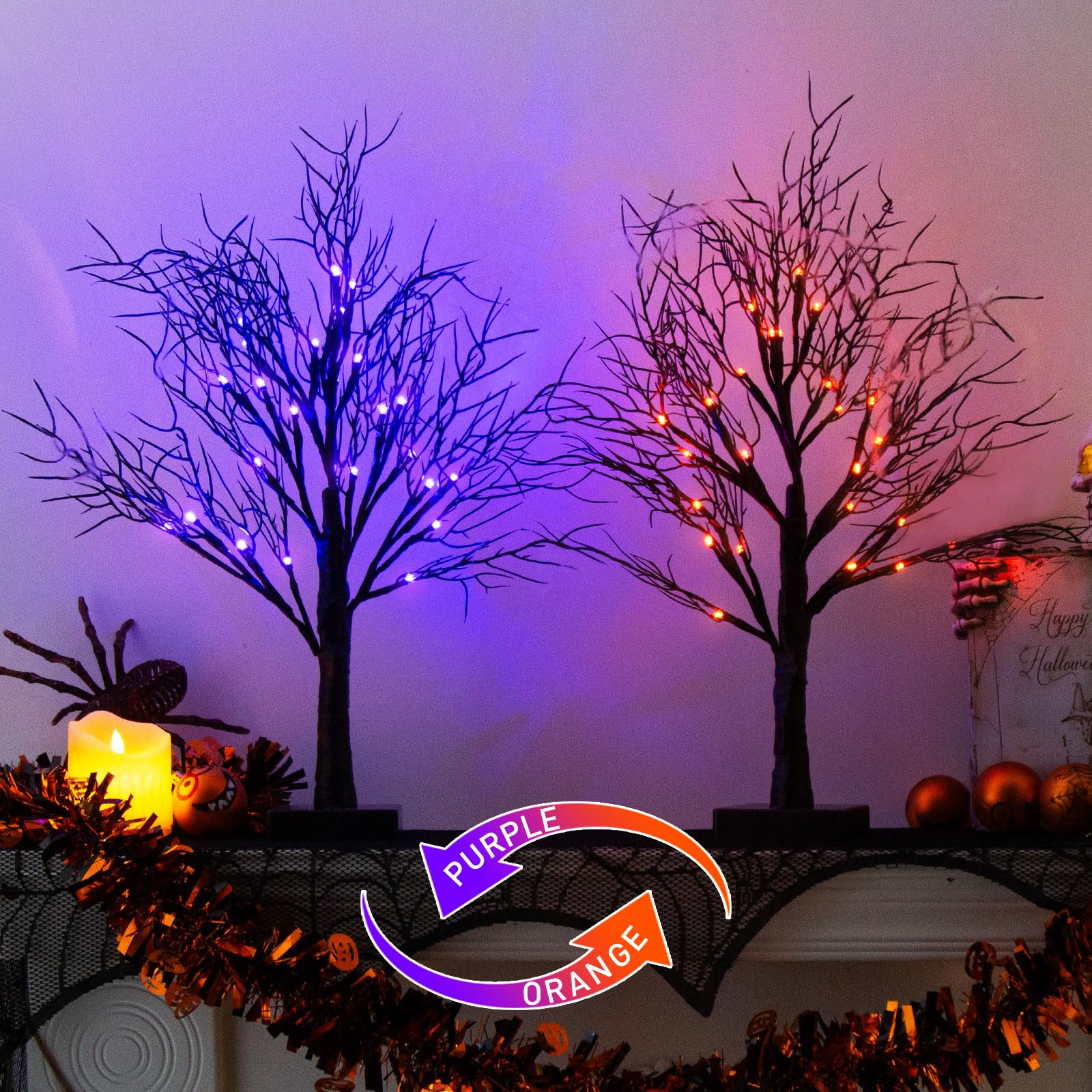 Photo 1 of 2 Pack Halloween Tree, Vanthylit Black Tree with Orange Purple Bi-Color Led Lights 6 Functions, USB & Battery Operated Lighted Willow Branch for Indoor Halloween Decorations (22 inch,24 LED)