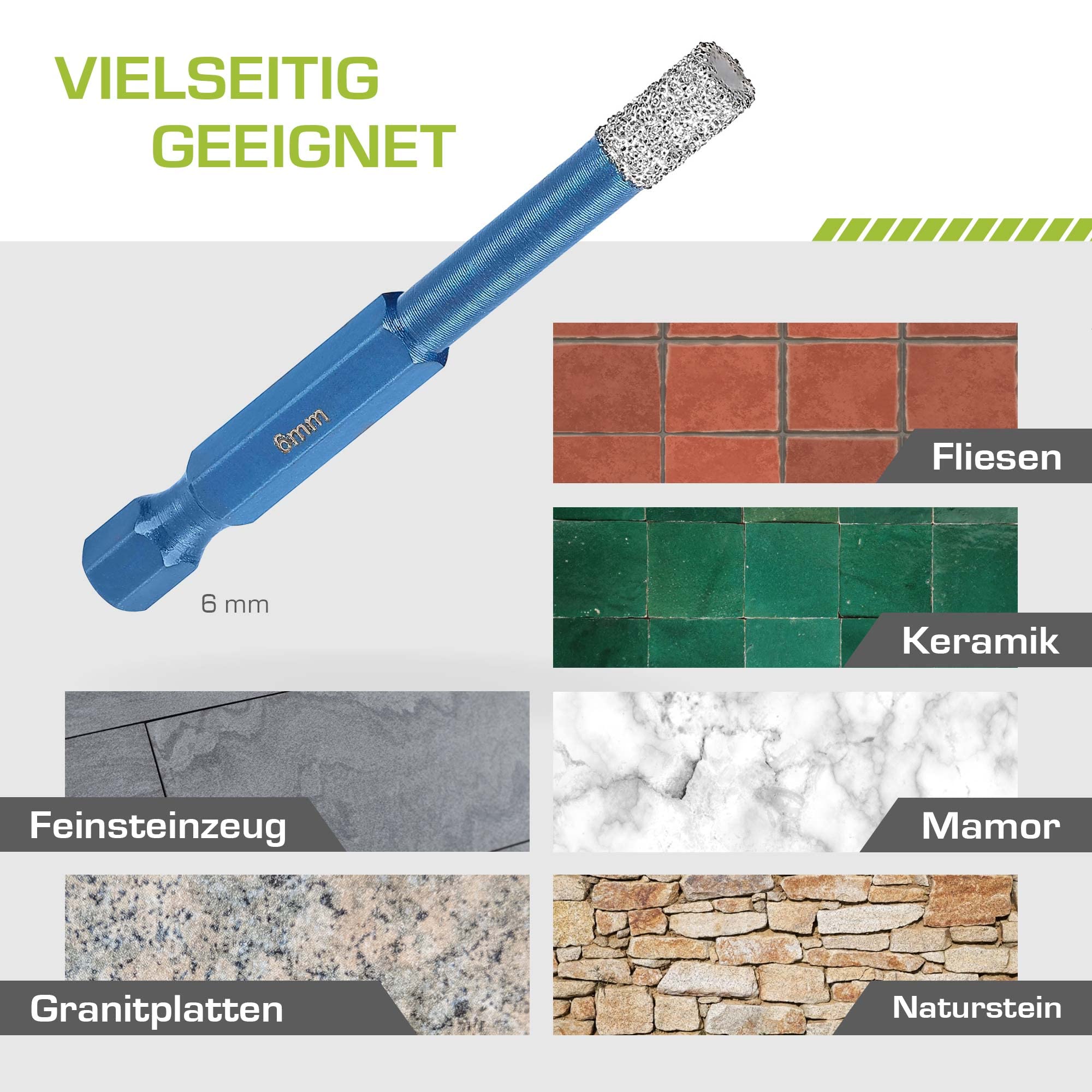 Profi Fliesenbohrer 6mm BIT Adapter - Diamantbohrer für Feinsteinzeug, harte Fliesen uvm. Diamantbohrkrone für Bohrmaschinen | rendech® Markenqualität 6