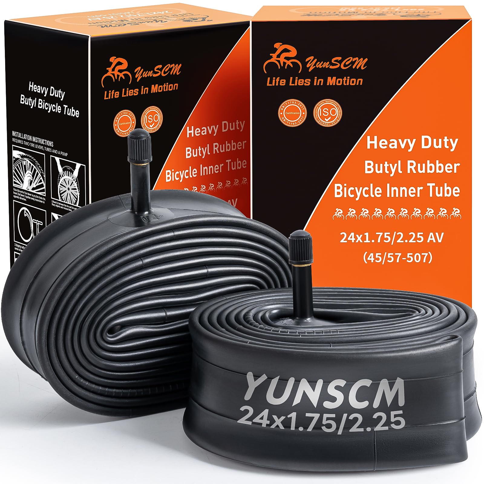 YunSCM 2-PCS 24inch Heavy Duty Inner Tubes 24x1.75/1.95/2.25 ETRTO 45/57-507 AV32mm Schrader Valve 24" Tube Compatible 24x1.75 24x1.90 24x1.95 24x2.0 24x2.10 24x2.125 24x2.25 MTB Bike Tyre Tubes