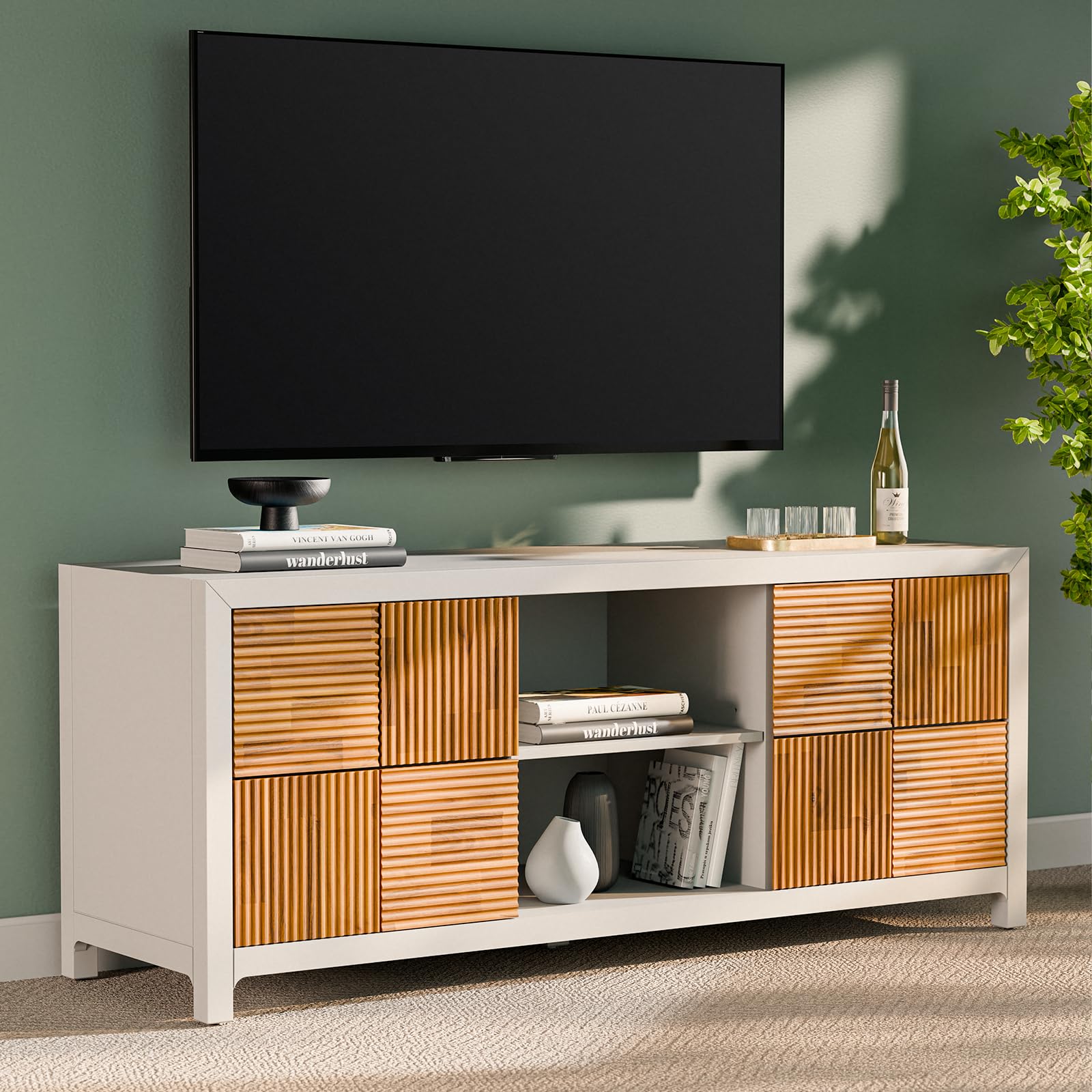 Photo 1 of Bme Madia Deluxe TV Stand, Fully Asssembled Entertainment Center for up to 58 inch TV, Unique Pattern TV Console for Living Room, Bedroom, Dinning Room