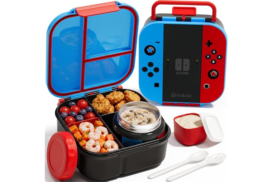 Fimibuke Bento Box for Kids, Toddler Lunch Box with 8.5oz Thermo Food Jar | Leak Proof 3-4 Compartment 60oz Lunch Food Contai