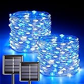 JMEXSUSS 2 Pack Blue and White Solar Christmas Lights, Each 33FT 100 LED Solar String Lights Outdoor Waterproof, 8 Modes Mini Fairy Lights for Outside Yard Patio Christmas Decorations