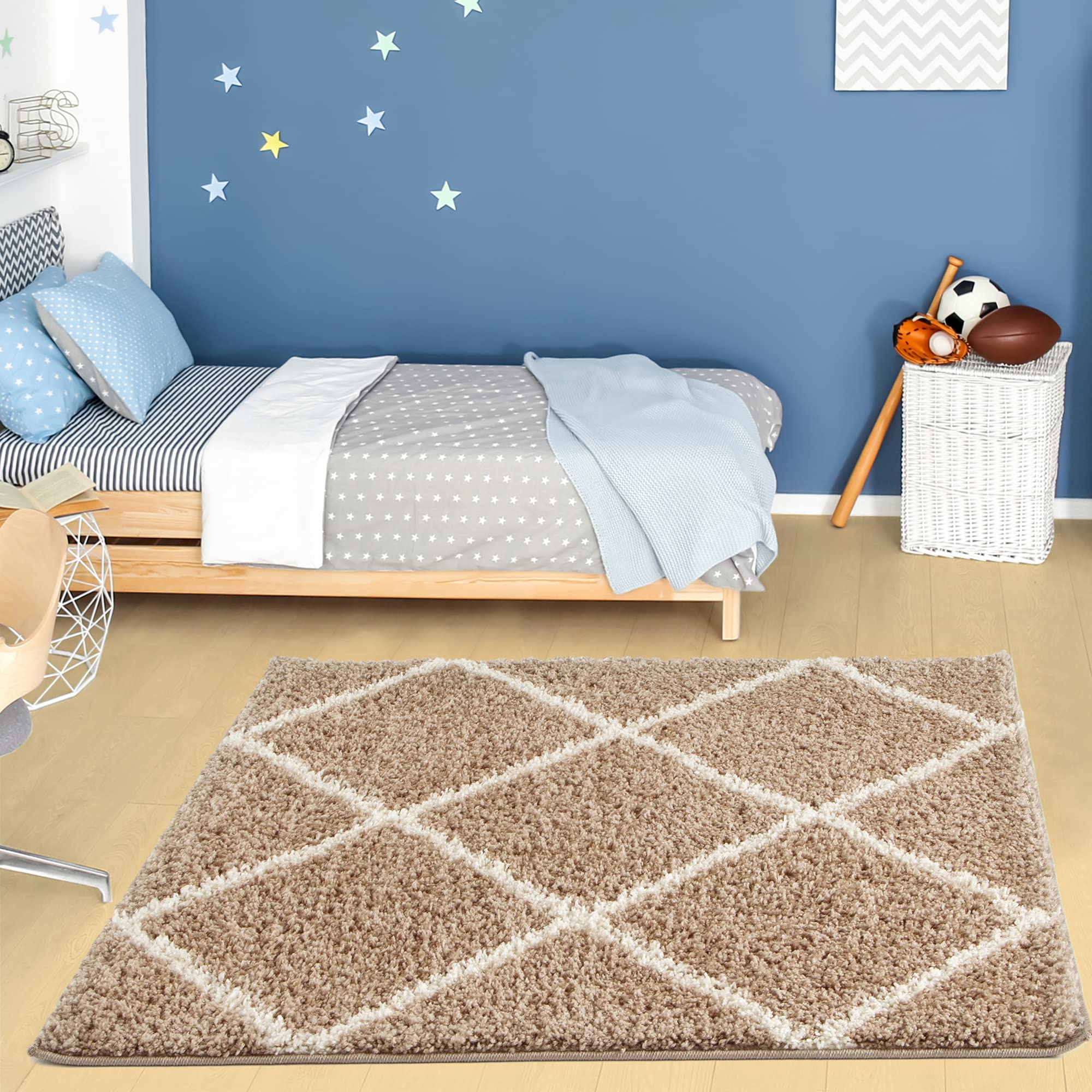 THE RUGS Shaggy Rug – Modern Moroccan Design Rugs for Living Room, Bedroom, Hallway, 3 cm Thick Area Rugs, (Diamond Beige/Ivory, 120cm Square)