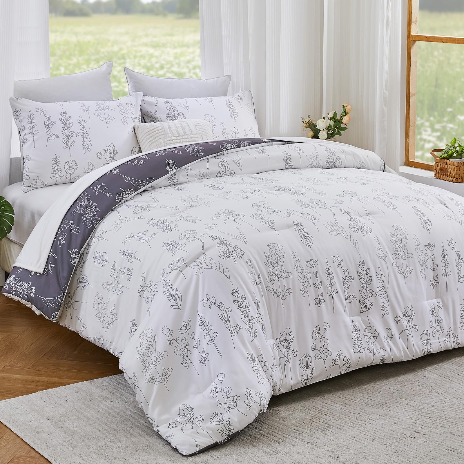 Qucover 3-Piece Coverless Duvet Double with 2 Pillowcases, 200x200cm Reversible White Duvet with Floral Botanical Pattern, Farmhouse Comforter Double Size, Lightweight Double Duvet Set for All Seasons