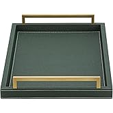 XIGEXIGE Green Decorative Serving Tray,Rectangular Tray for Coffee Table,Faux Leather Serving Tray with Handles for Ottoman,S
