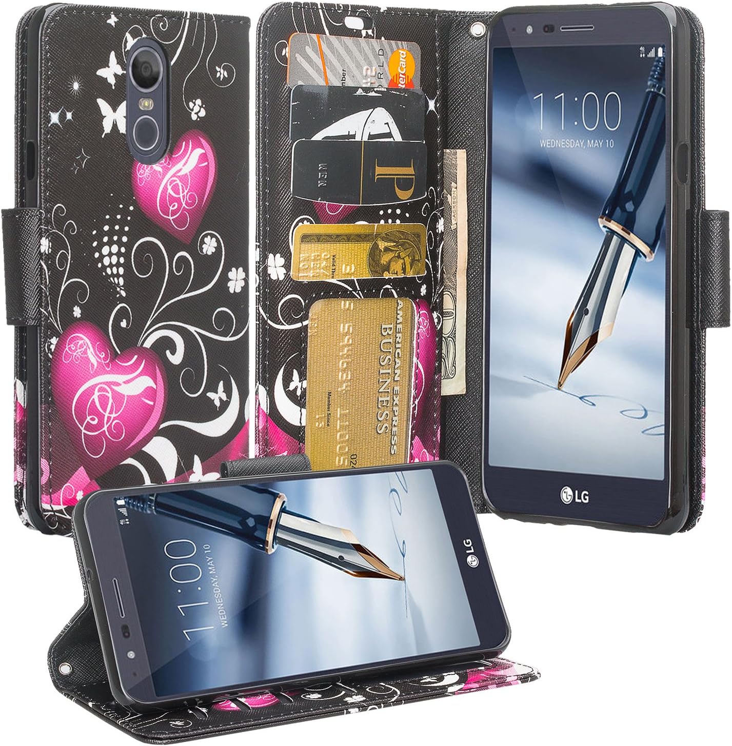 SOGA Cover Compatible for LG Stylo 4 Case, LG Stylus 4 Case, PU Leather Magnetic Flip Wallet Phone Cover for LG Stylo 4/ Stylus 4 Wraist Strap Credit Card Slots - Black Heart