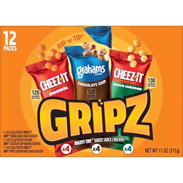 GRIPZ MINI BAKED SNACK CRACKERS, SWEET AND SALTY SNACKS, VARIETY PACK, 11OZ BOX (12 POUCHES)