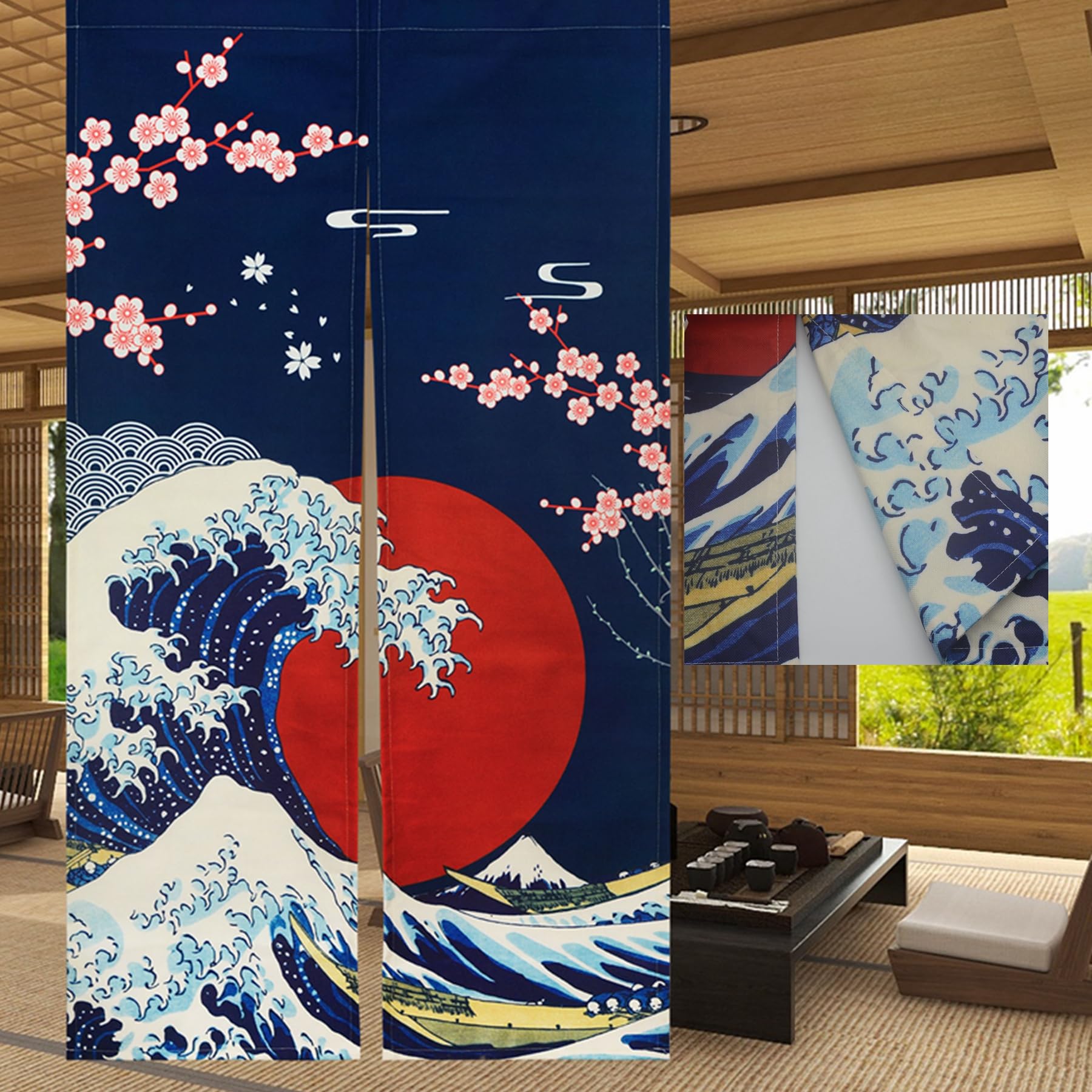 LIGICKY Japanese Noren Doorway Curtain Ukiyoe Hokusai The Great Wave Off Kanagawa Sun Cherry Blossoms Printed Window Treatment Door Tapestry for Home Restaurant Decor 33.5 x 59 inch, Double Sided