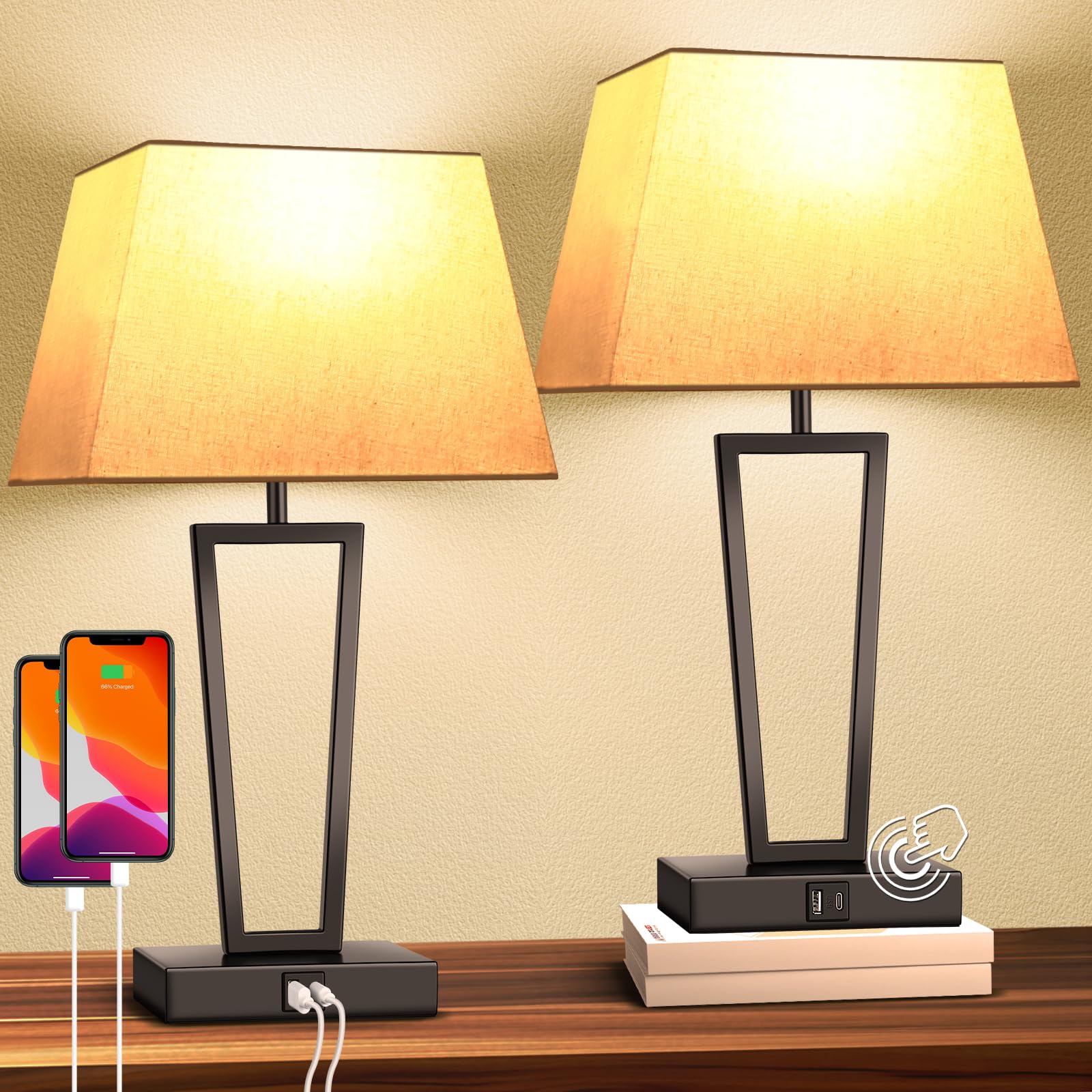 Photo 1 of LEDIKON Touch Bedside Lamps Set of 2 for Nightstand, 3-Way Dimmable Modern Black Table Lamps with USB-C & USB-A Ports and LED Bulbs for Bedroom, Living Room, Office