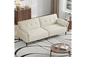 COPIAE 89” Futon Sofa Bed, Linen Comfy Futon Couch Bed with 2 Square Pillows, Convertible Sleeper Sofa with Adjustable Backrest& Armrests, Modern Loveseat Sleeper for Living Room, Bedroom, White