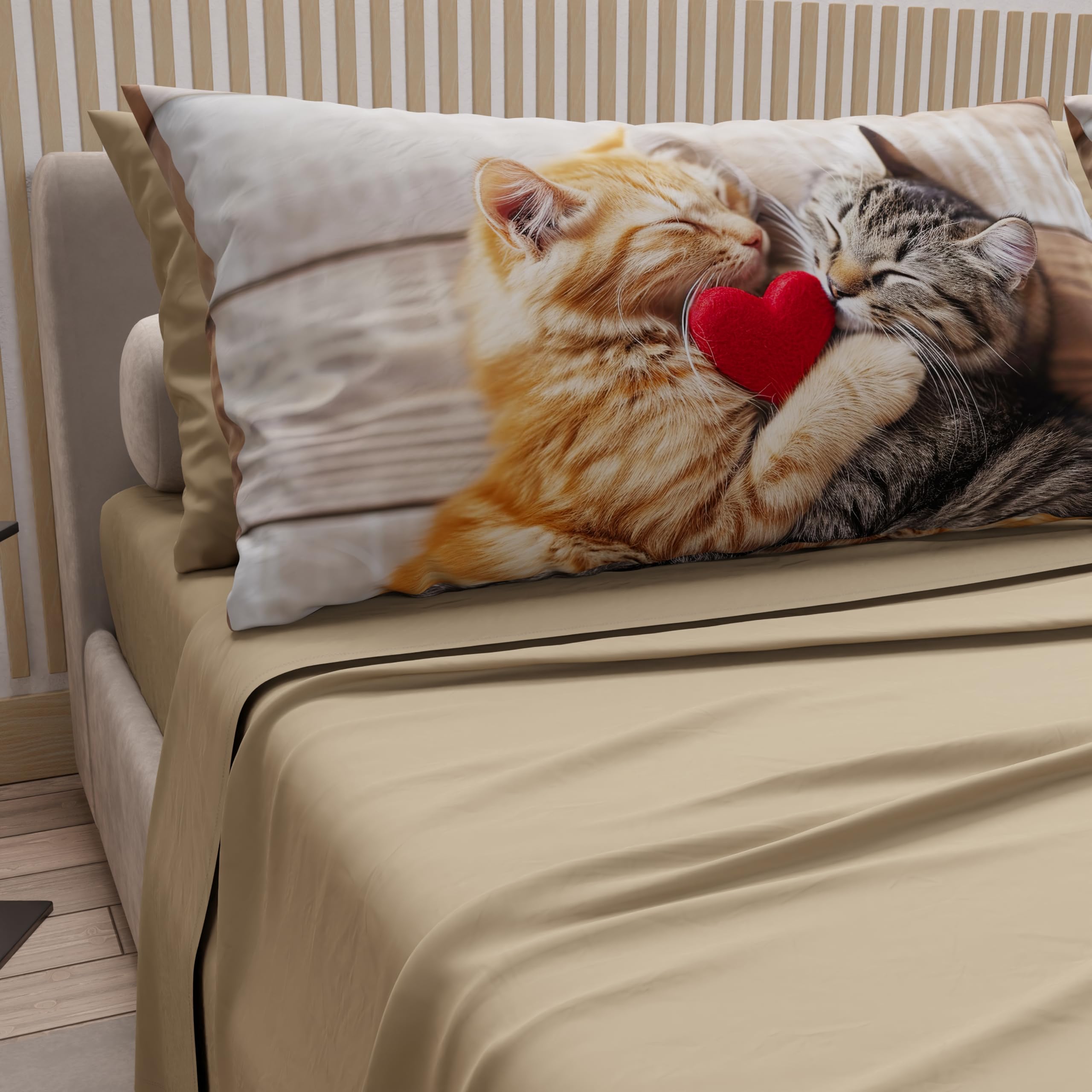 PETTI Artigiani Italiani - Bed Linen Animals with Cats in Cotton with Pillowcases in Digital Print, Double Bed Sheet, Taupe, 100% Made in Italy