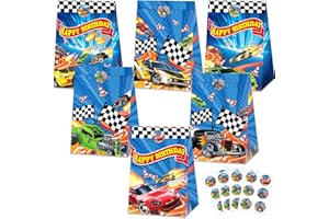 PARTY GREETING 24Pcs Hot Car Birthday Party Supplies Race Car Party Favor Bags with Stickers Blue Racing Themed Paper Gift Goodie Bags Checkered Flag Race Theme Treat Candy Bag for Kids Boys Birthday Decorations
