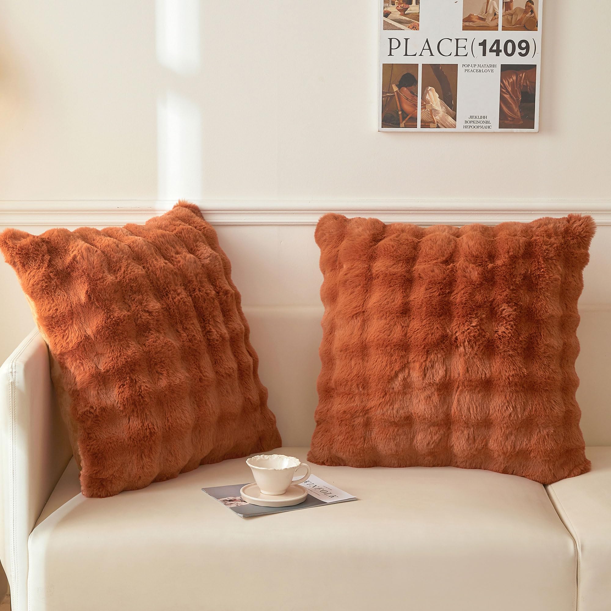 Photo 1 of LIFEREVO Set of 2 Faux Rabbit Fur Decorative Throw Pillow Covers 26x26, Cozy Plush Shaggy Bubble Euro Pillow Shams with Zipper, Furry Fuzzy Accent Cushion Covers for Bed Couch Sofa, Burnt Orange