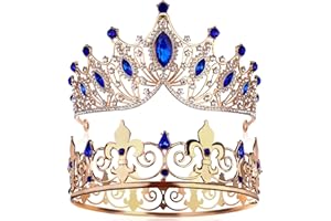 2 Pcs Prom King and Queen Crowns Set King Crown for Men Royal Crown with Blue Rhinestone Crystal Crowns for Women Tiara Costu