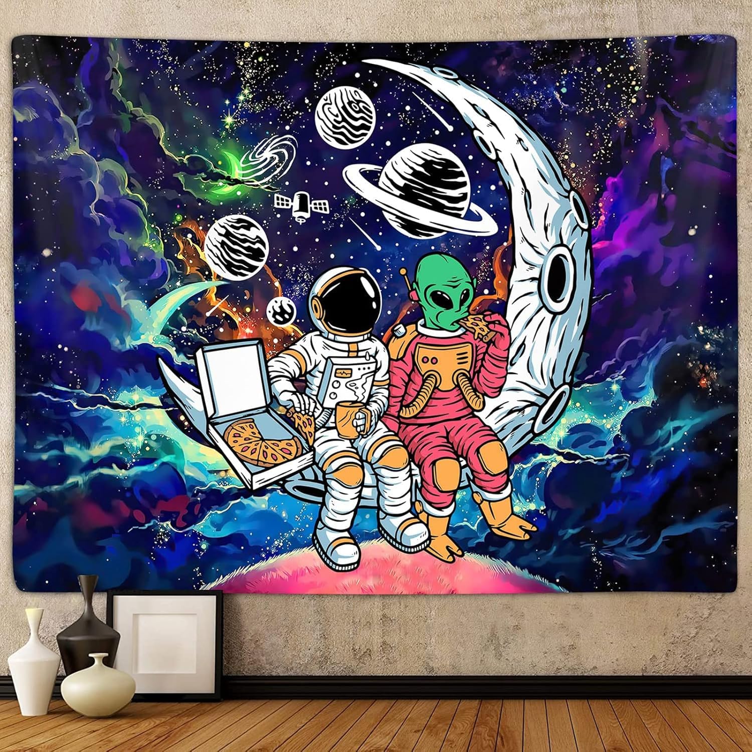 Tapestries - Funny Space Astronaut Alien Tapestry for Men Guys Bedroom, Cool Trippy Universe Planet Art Tapestries Wall Hanging College Dorm Boys Room Decor 40
