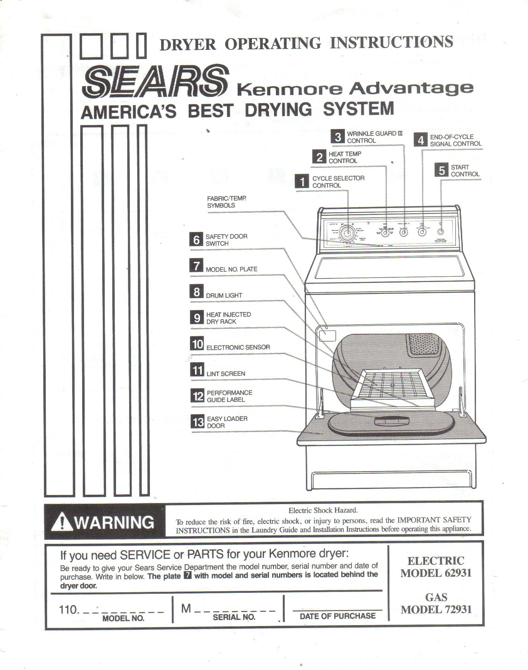Sears Kenmore Advantage Dryer Operating Installation Instructions Owner's  Manual, Parts List Models 62931 110.96293100 110.96293500 110.96293800  Paperback – ...