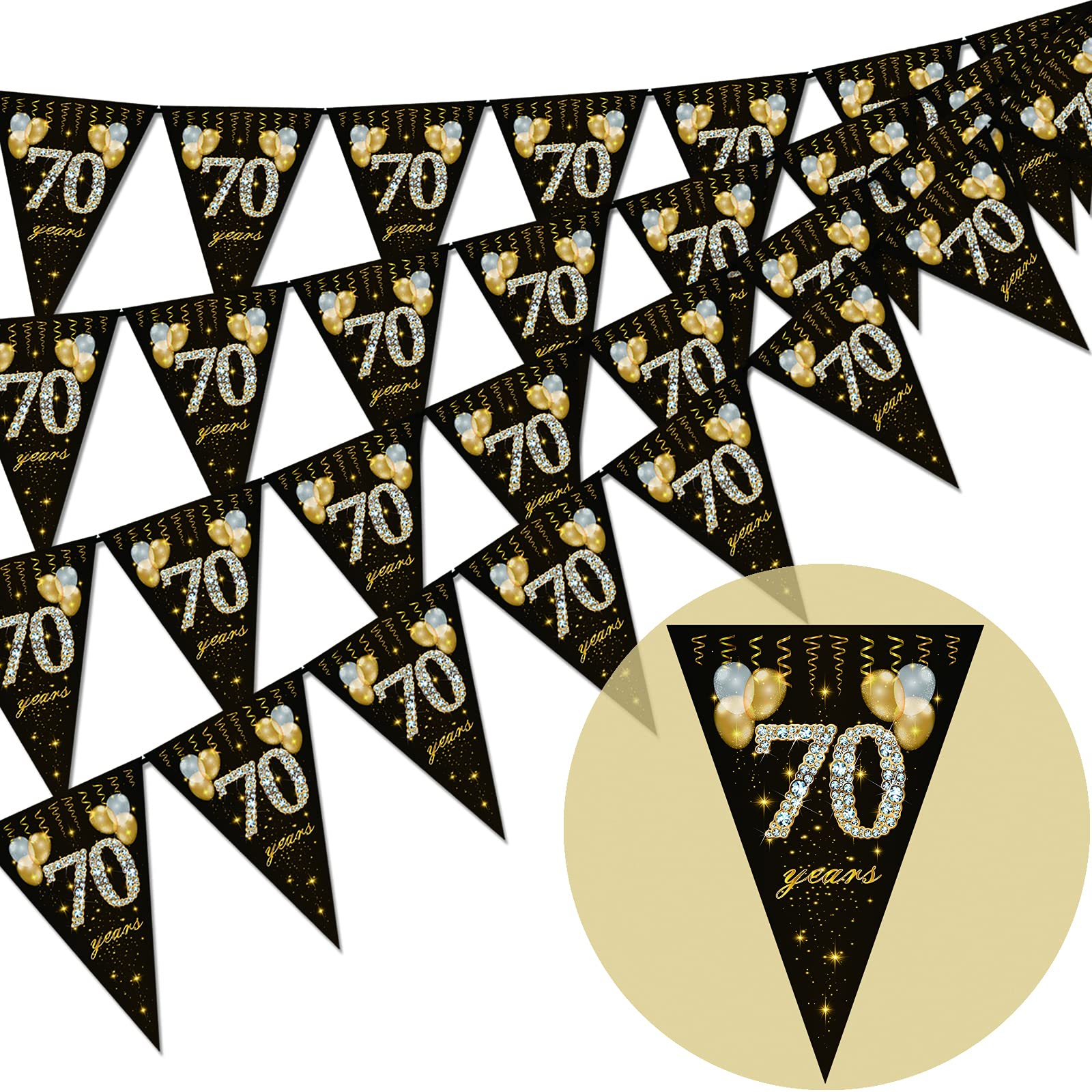 70th birthday bunting, Happy Banner Bunting Flags, 40 Pieces Triangle Gold Black Glitter Diamond by Numbers 70th Birthday Anniversary Theme Party Decoration Supplies