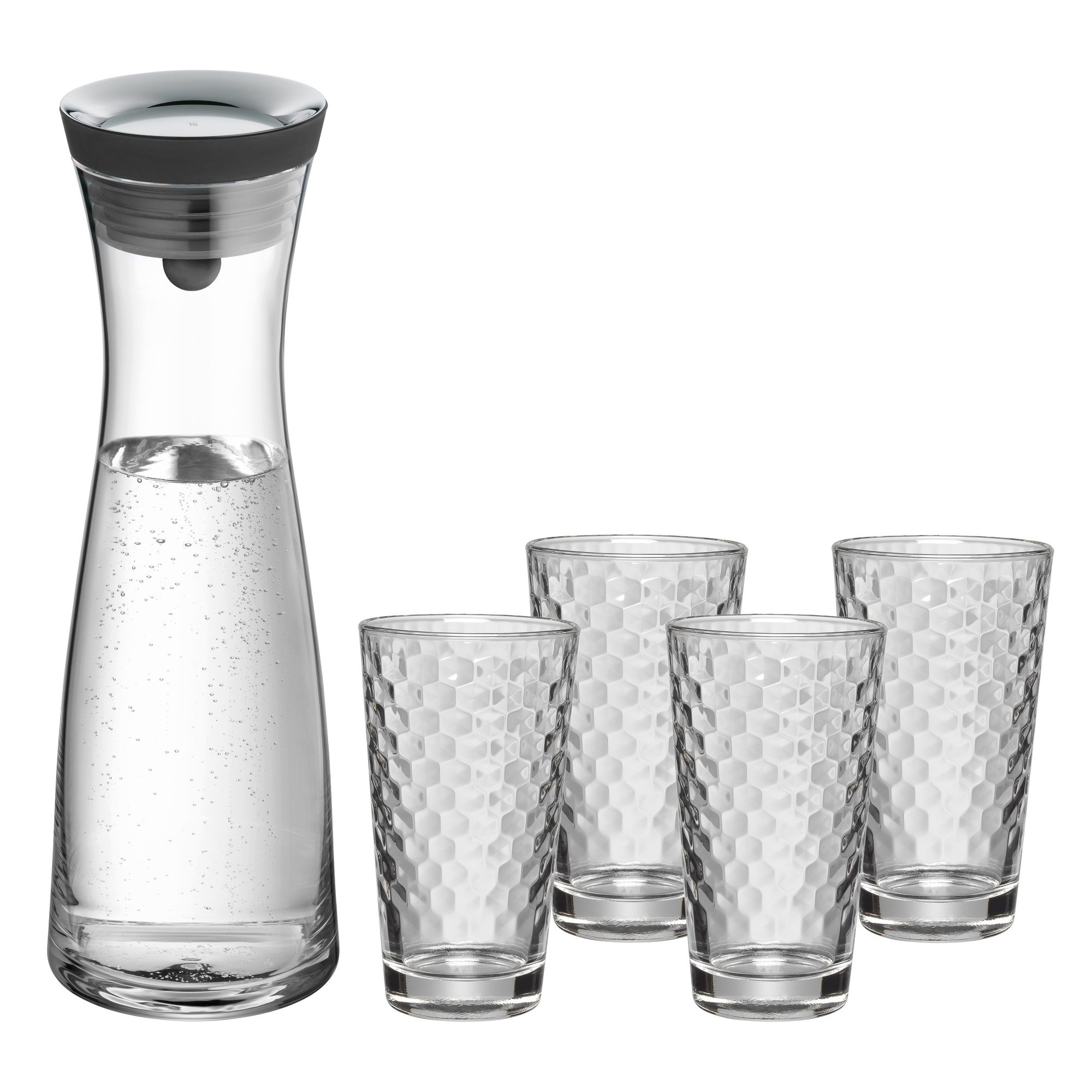 WMF Basic Wasserkaraffe-Set 5-teilig, Karaffe 1l mit 4 Wassergläser 275ml, Glaskaraffe mit Deckel, Silikondeckel, Wasserkaraffe mit Deckel, CloseUp-Verschluss