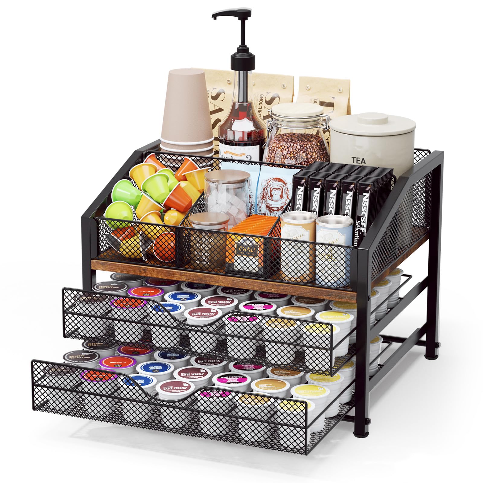 Photo 1 of Homsorout Coffee Bar Organizer - Coffee Station for Countertop, Metal and Wood K Cup holder Storage Basket for Coffee Pods, Syrup, Cups, Stirrer, Coffee Condiment, Tea Organizer, Black and Brown