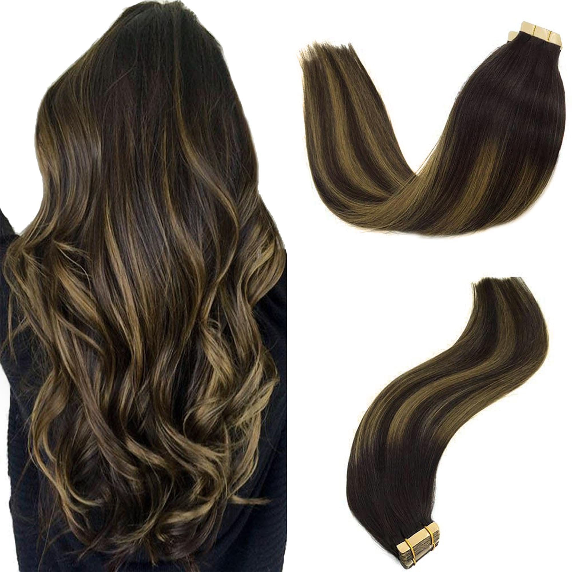 GOO GOO Tape in Hair Extensions human hair, tape Hair Extensions, 22inch 50g 20pcs, 2/6/2 Dark Brown Balayage