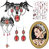 HOWAF 13 Pcs Halloween Gothic Costume Accessories, Gothic Vampire Jewelry, Black Lace Choker, Bracelets, Earrings and Fake Scar Tattoos for Vampire Accessories Women Halloween Party Cosplay Props