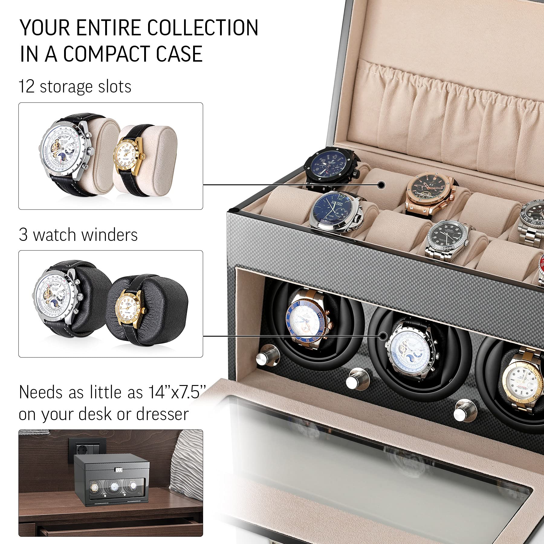 Leader watch winders 腕時計巻取り機と収納ボックス 自動巻き時計3個 腕時計12個収納スペース, カーボン+ベージュ, モダン