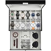 Ogrmar 12 Slot PU Leather Lockable Watch Storage Boxes, Men & Women Jewelry Display Drawer Case, 2-tier Organizer Watch Showcase with Glass Lid (Black)