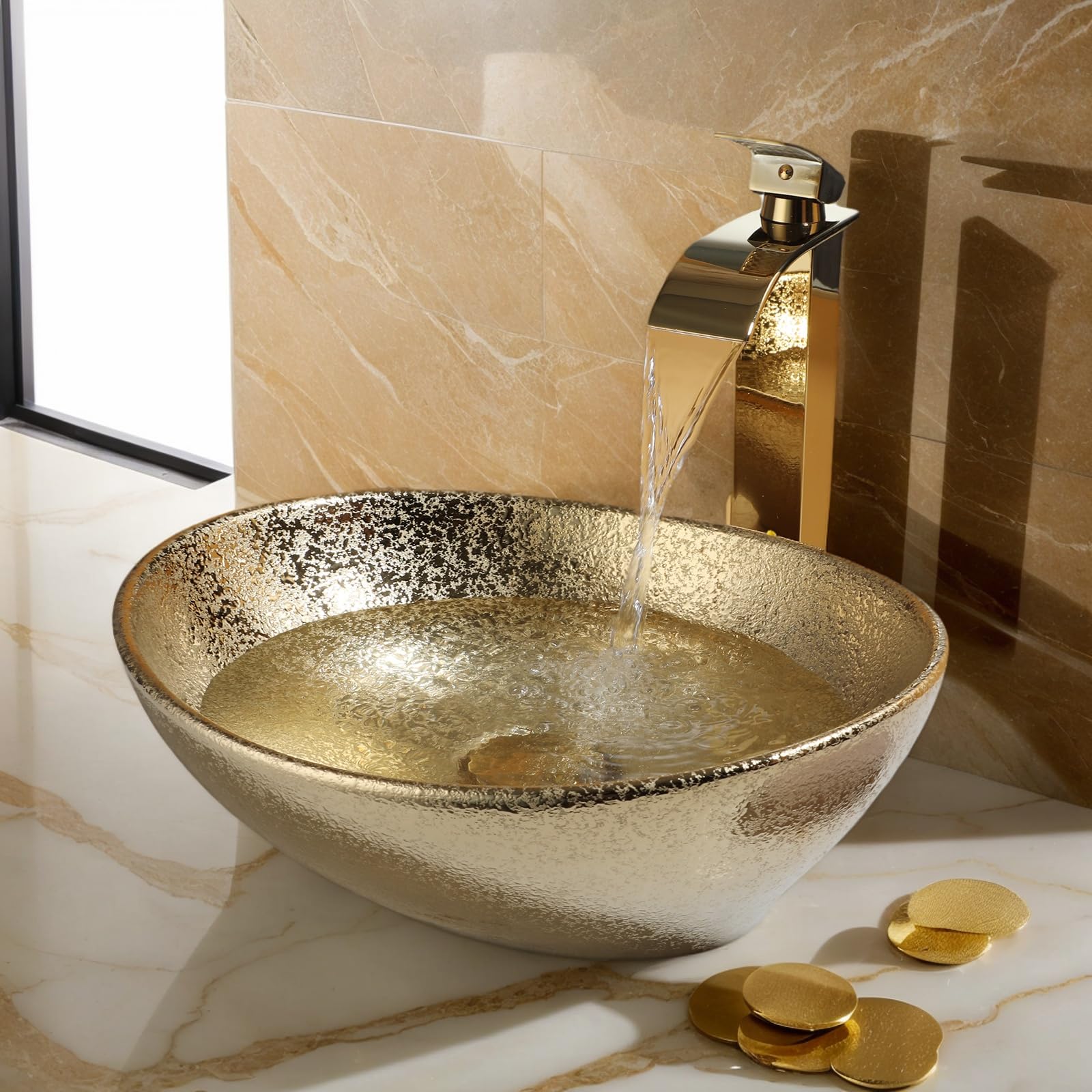 Photo 1 of Kukworye 16" Gold Bathroom Sink Ceramic Vessel Sinks for Bathrooms Above Counter Bathroom Sink Oval Vessel Sink with Faucet and Drain Combo