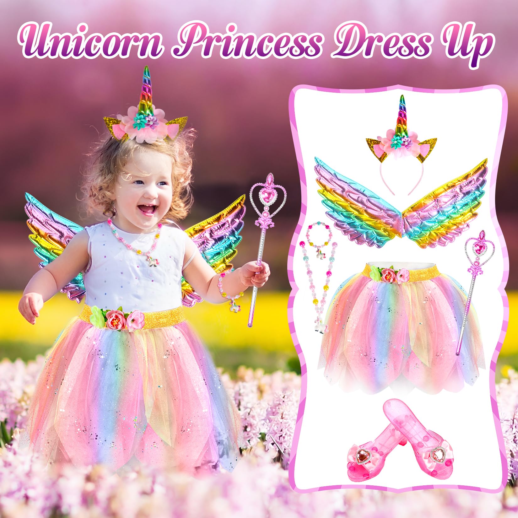 HAMSILY Unicorn & Fairy Costume for Girls: Princess Dress Up Clothes for Little Girls, Toddler Costume with Tutu, Wings, and Shoes - Age 3-6