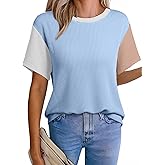 EVALESS Women's Short Sleeve T Shirts Ribbed Knit Crewneck Multicolour Block Tee Blouses Spring Tops 2026 Trendy