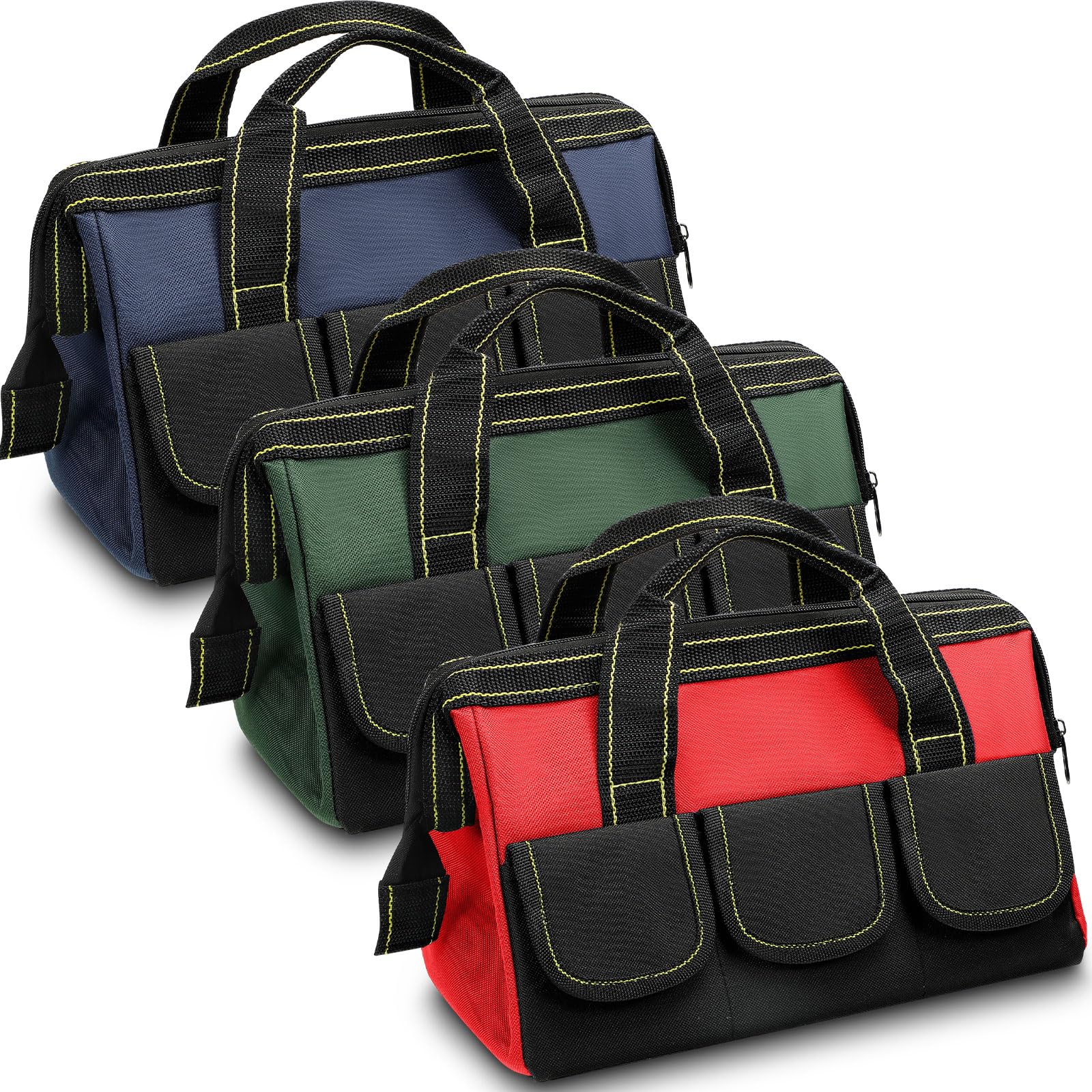 Photo 1 of Sanwuta 3 Pack Tool Bag for Men with Waterproof Hard Bottom, Heavy Duty Tool Bag Wide Mouth Tote for Various Instrument, Electrician Carpenter Mechanic(13 Inch,Red, Army Green, Blue)