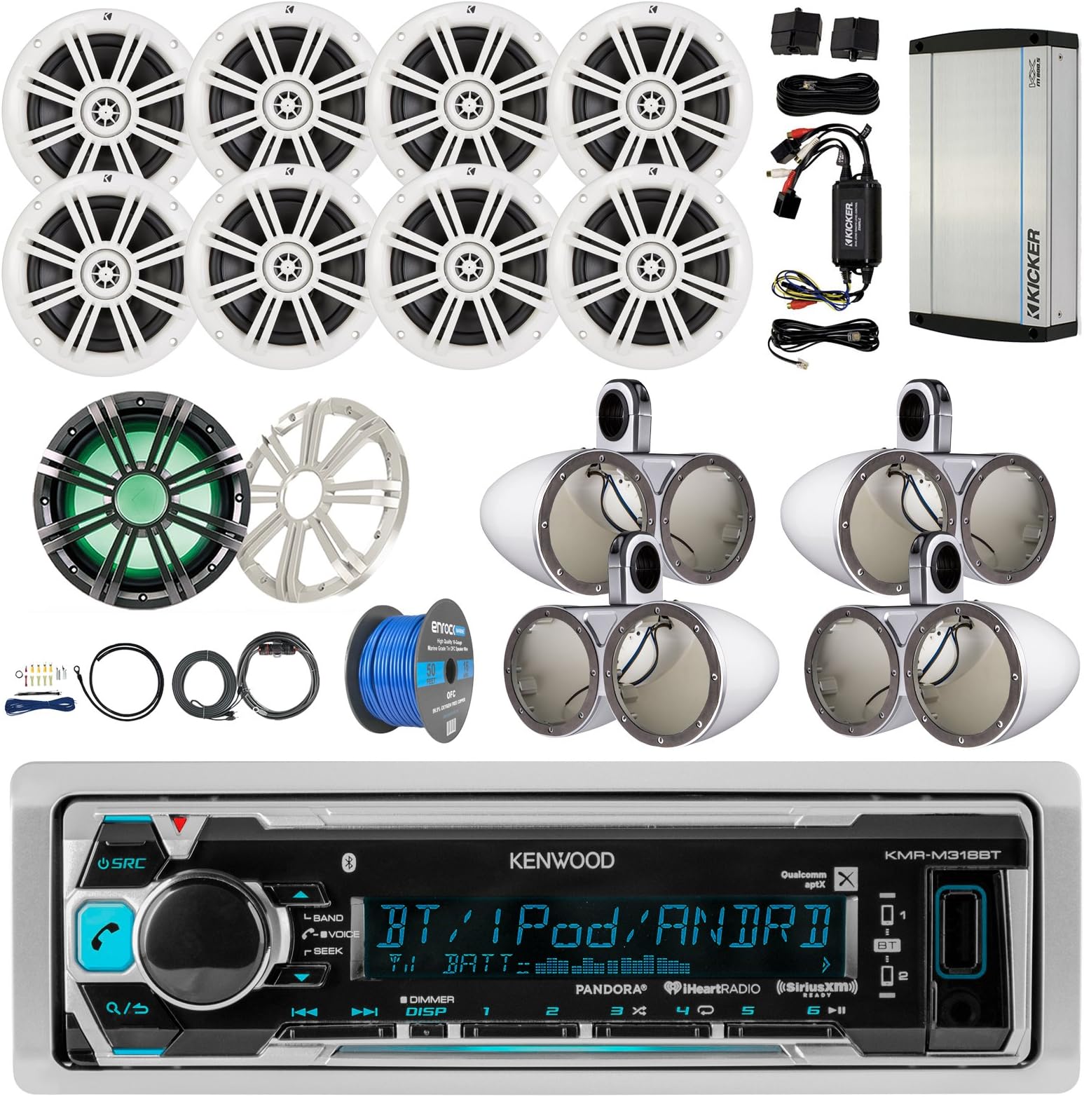 Kenwood Bluetooth Marine Stereo Receiver Bundle Combo + 8X Kicker 6.5" Boat Coaxial Speaker + 8X Enclosures + 10" LED Subwoofer + White Grill + + 5-Channel Amp + Enrock 100ft. Wire
