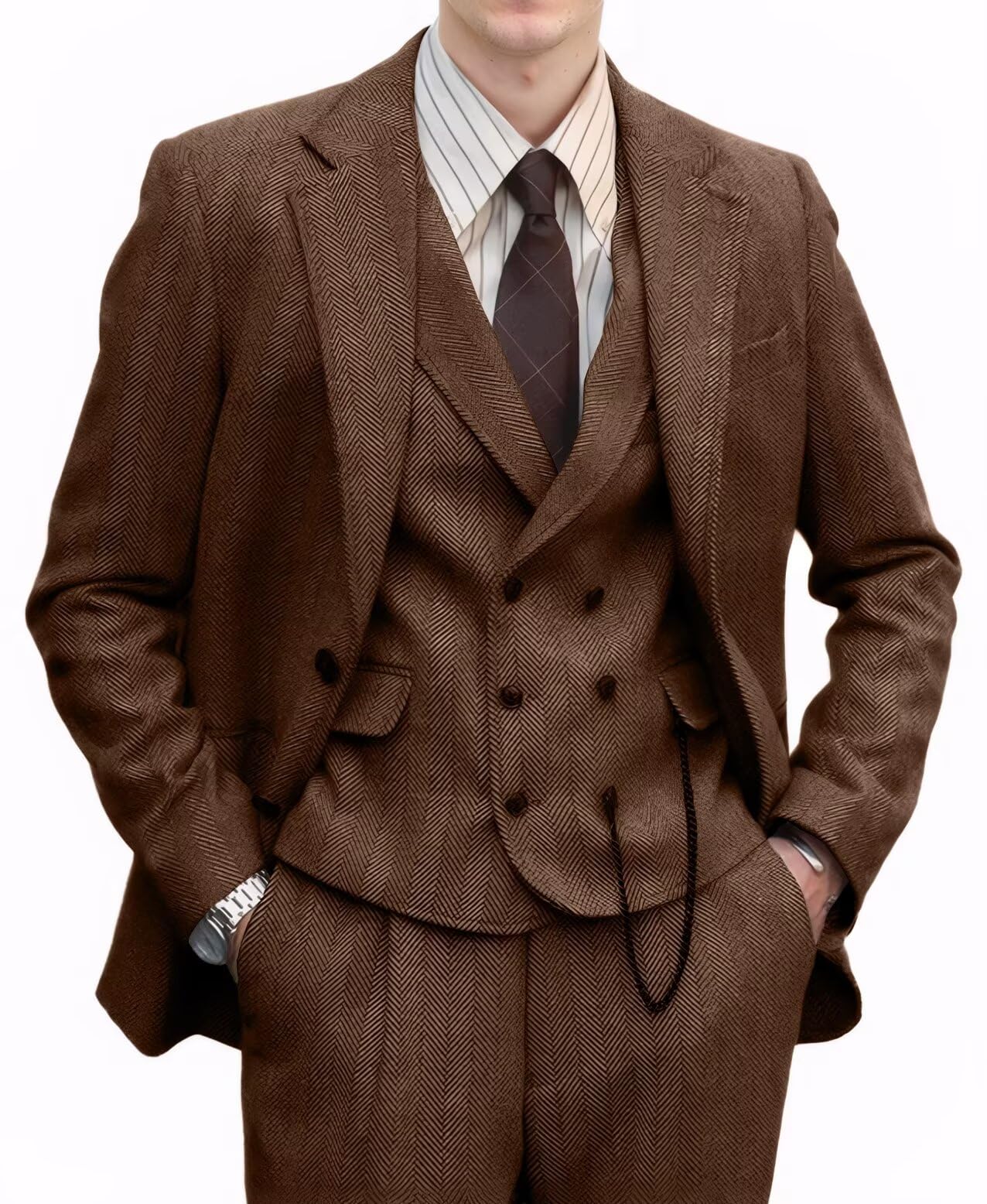 Photo 1 of Retro 3 Piece Suits Men Slim Formal Herringbone Suit Blazer Vest Pants Light Brown Wool Suit Tweed Jacket Men Prom Tuxedo XL