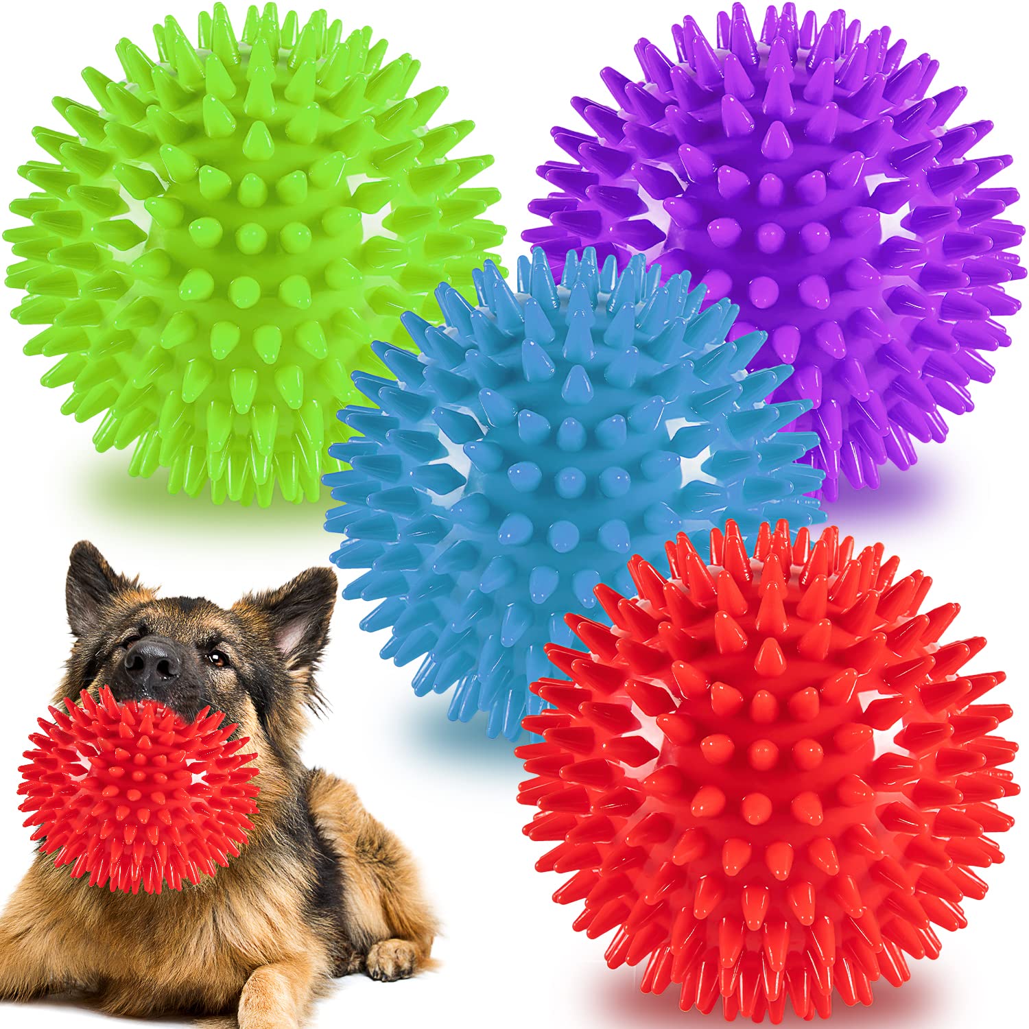 Labeol 12cm Squeaky Dog Balls Toys for Medium Large Dogs 4 Pack Indestructible Dog Toys for Aggressive Chewers Spike Dog Balls for Clean Teeth and Training Dogs Toys for Boredom and Stimulating