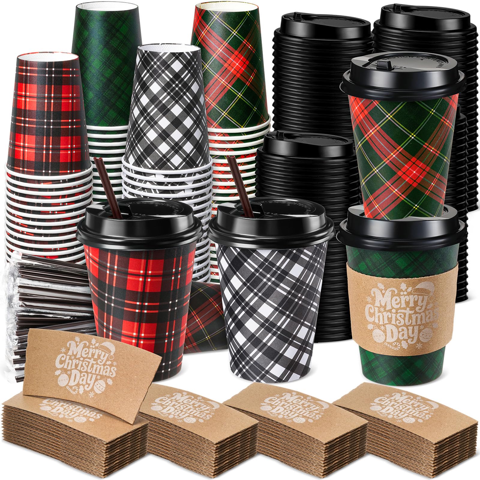 Photo 1 of Lallisa 100 Sets Christmas Disposable Coffee Paper Cups Bulk with Lids Sleeves & Straws, 12 oz Xmas Red and Green Buffalo Plaid Cups for Hot Cold Cocoa Tea Holiday Party Supplies