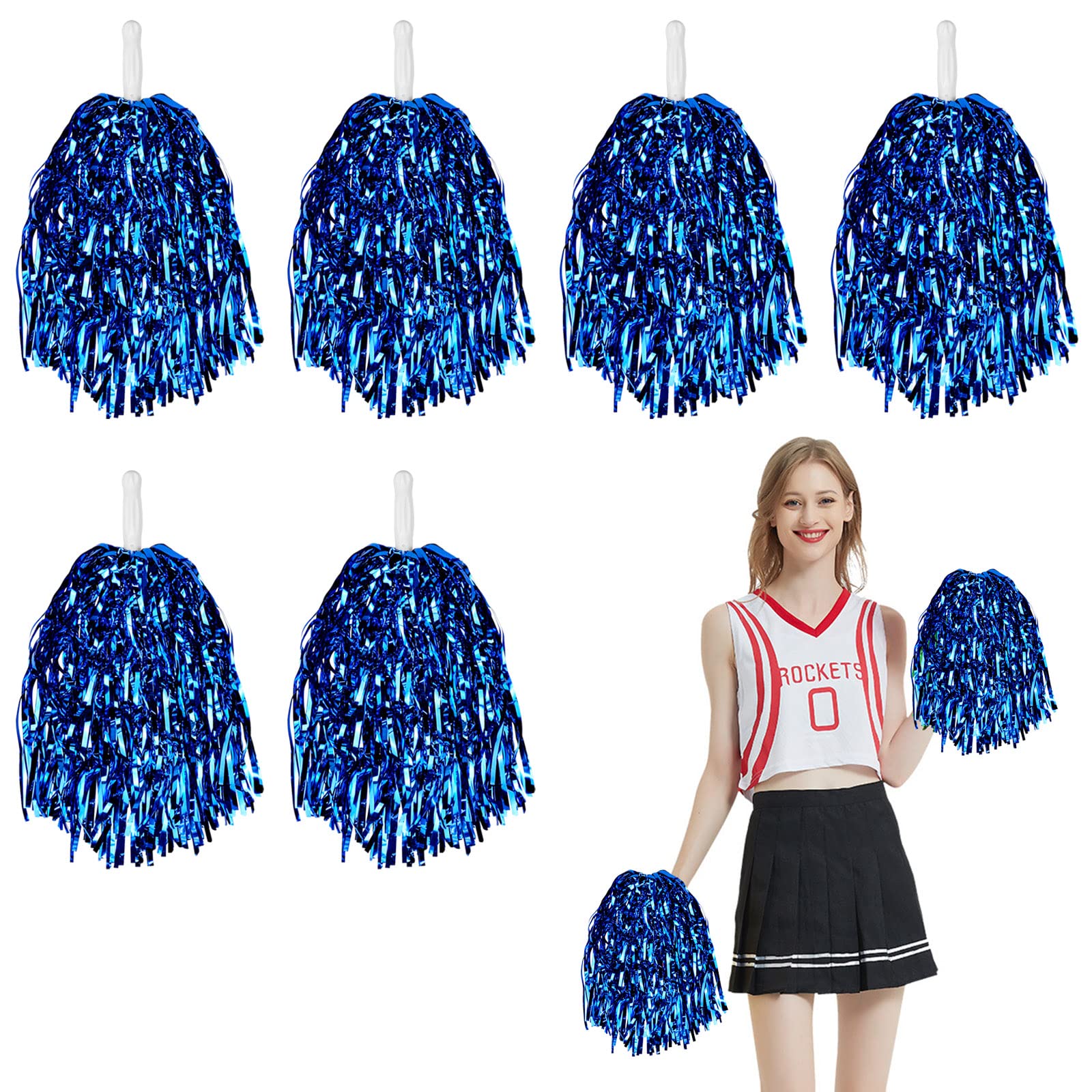 inheming 6 Pack Cheerleader Pom Poms Metallic Foil Cheerleading Pompoms with Plastic Handle,Cheering Hand Flowers for Sports Matches, Stage Performance, Holiday Celebrate - Blue