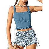 HOTOME Girls Swimsuit Two Piece Ruched Ruffle Tankini Swimsuits for Girls Bathing Suit with Drawstring Shorts Swimwear 9-16T