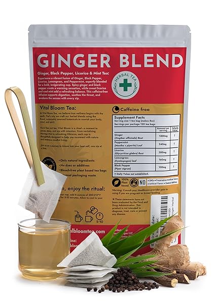 VITAL BLOOM 120 CT GINGER TEA BAGS, BLEND WITH PEPPERMINT, LICORICE, LEMONGRASS AND BLACK PEPPER, 100% NATURAL INGREDIENTS, BLEACH FREE TEA BAGS, CAFFEINE FREE (FREE BAMBOO TONGS INCLUDED)