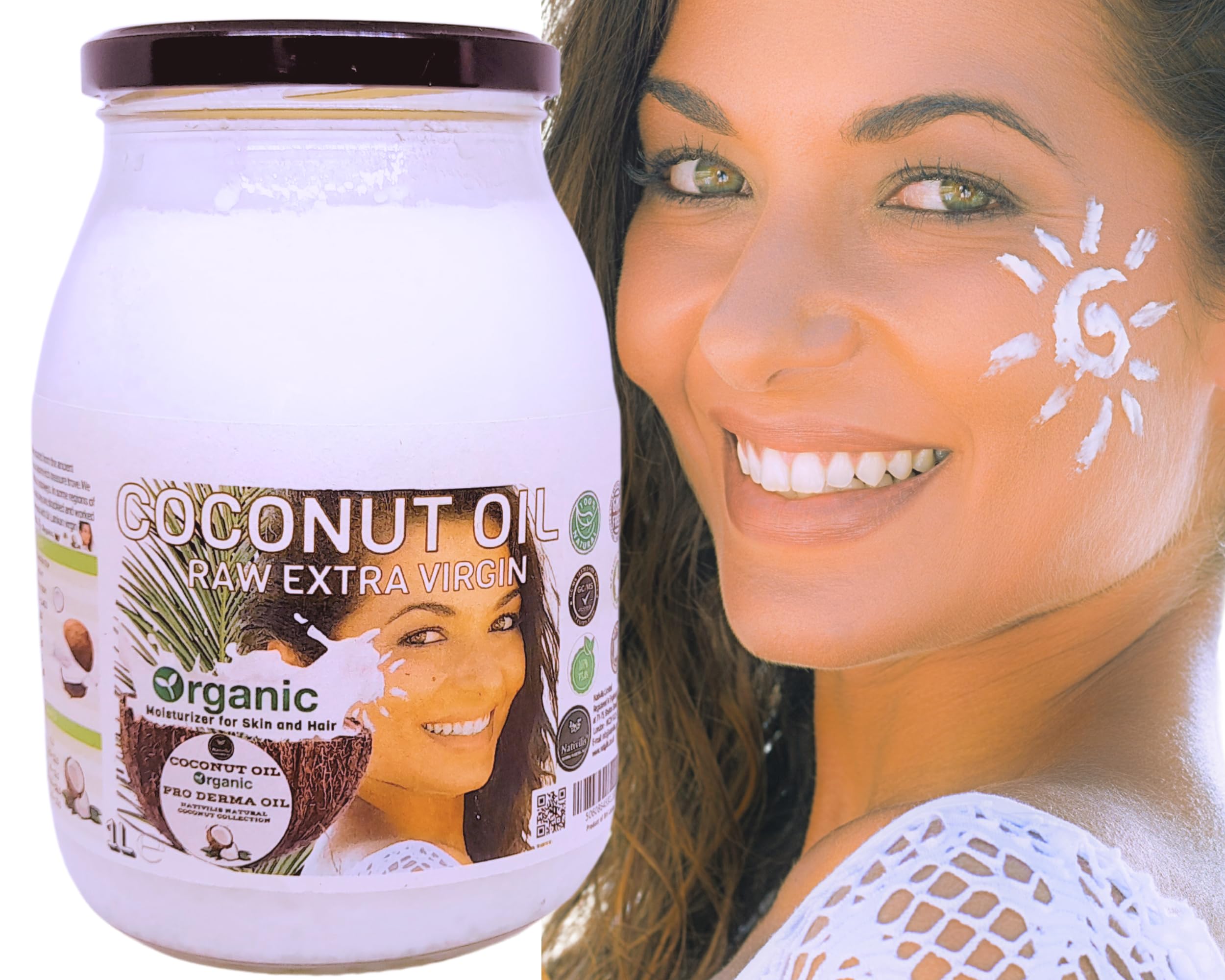Nativilis Organic Coconut Oil 1L (Cocos Nucifera) - Extra Virgin Raw Cold Pressed Pro Derma Moisturizer Skin Hair Vegan 100% Natural Ethically Sourced Copaiba Properties 1000ml Glass Jar (1L)