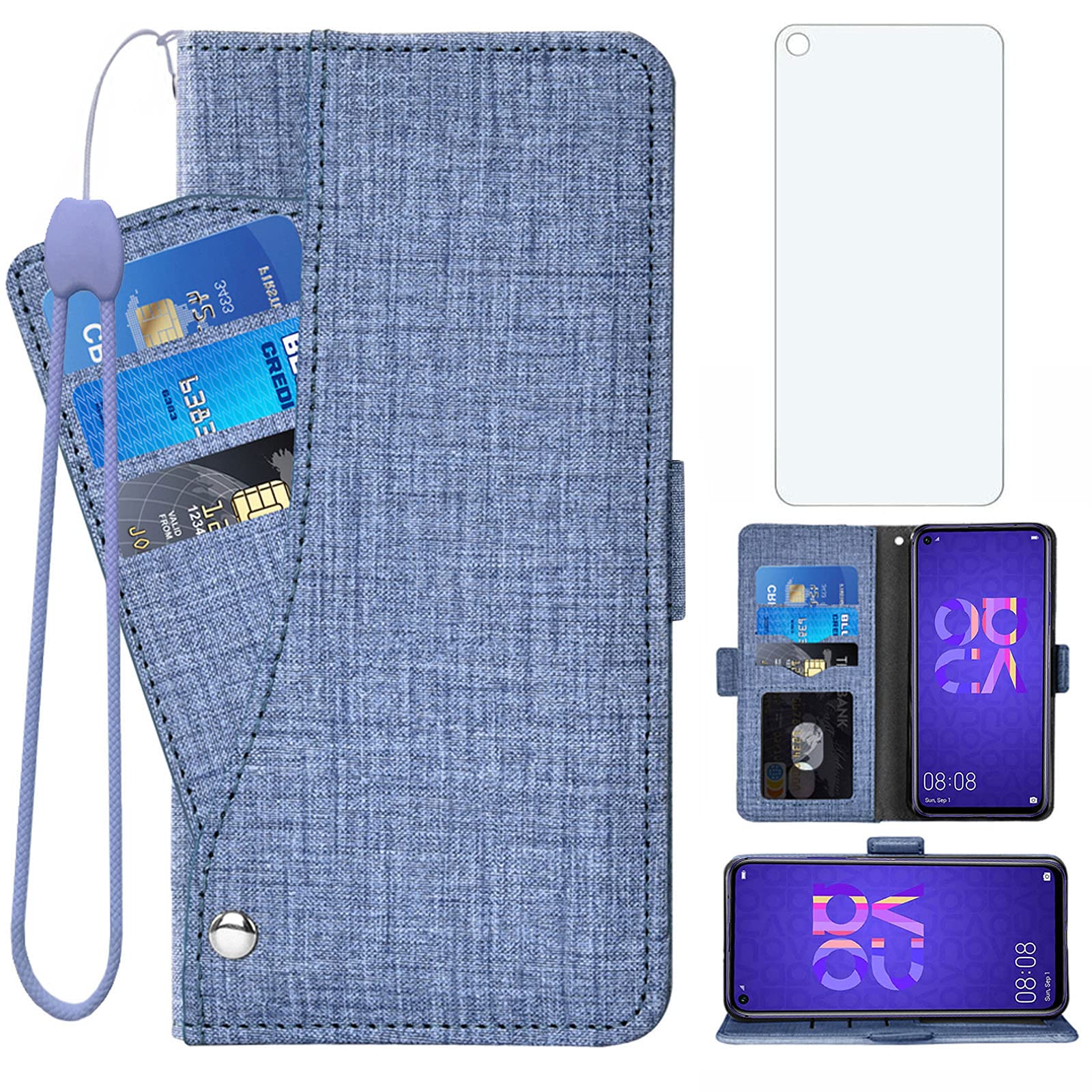 Asuwish Compatible with Huawei Nova 5T Wallet Case Tempered Glass Screen Protector and Leather Flip Cover Card Holder Stand Cell Accessories Phone Cases for Hawaii Hwauei T5 5 T Nova5T Women Men Blue